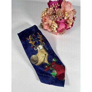 American Greetings Silk Necktie Reindeer Christmas Lights Snowflakes Navy Blue